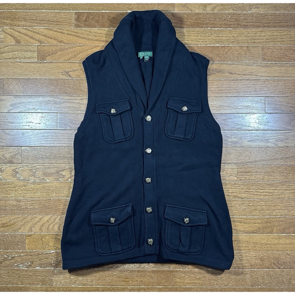 Lauren Ralph Lauren Black Knit Equestrian Button Sleeveless Sweater Vest Size XL